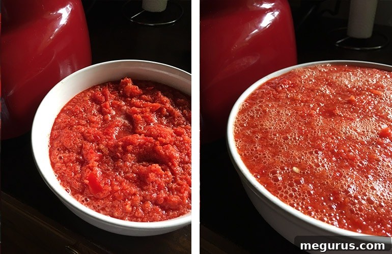 Finely pureed red peppers in a bowl, subsequently covered completely with boiling water for the soaking process.