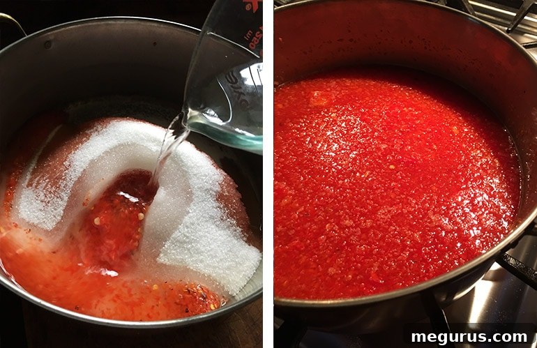 White sugar and white vinegar being added to the red pepper puree in the saucepan, ready for stirring.