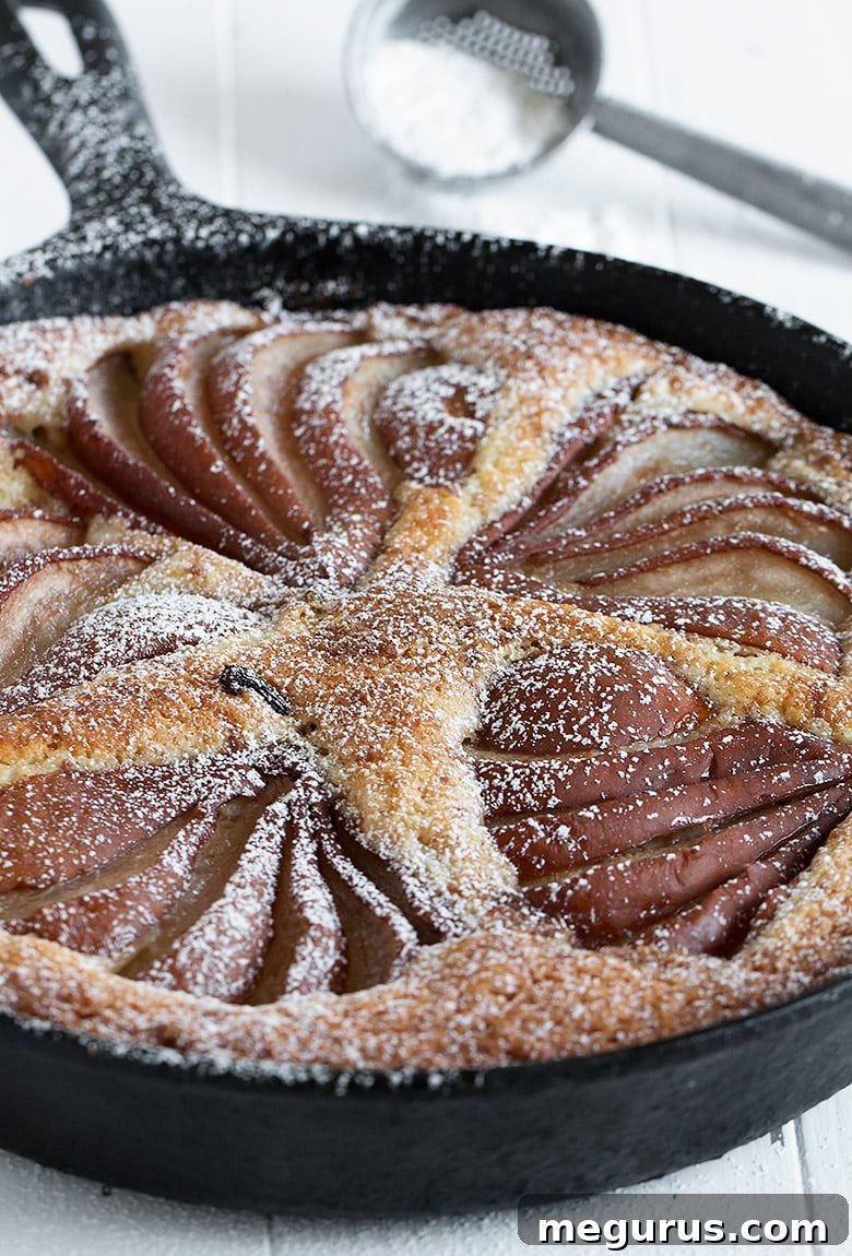 Close-up of baked pear and cinnamon cake in a cast iron skillet, with streusel and pear slices visible