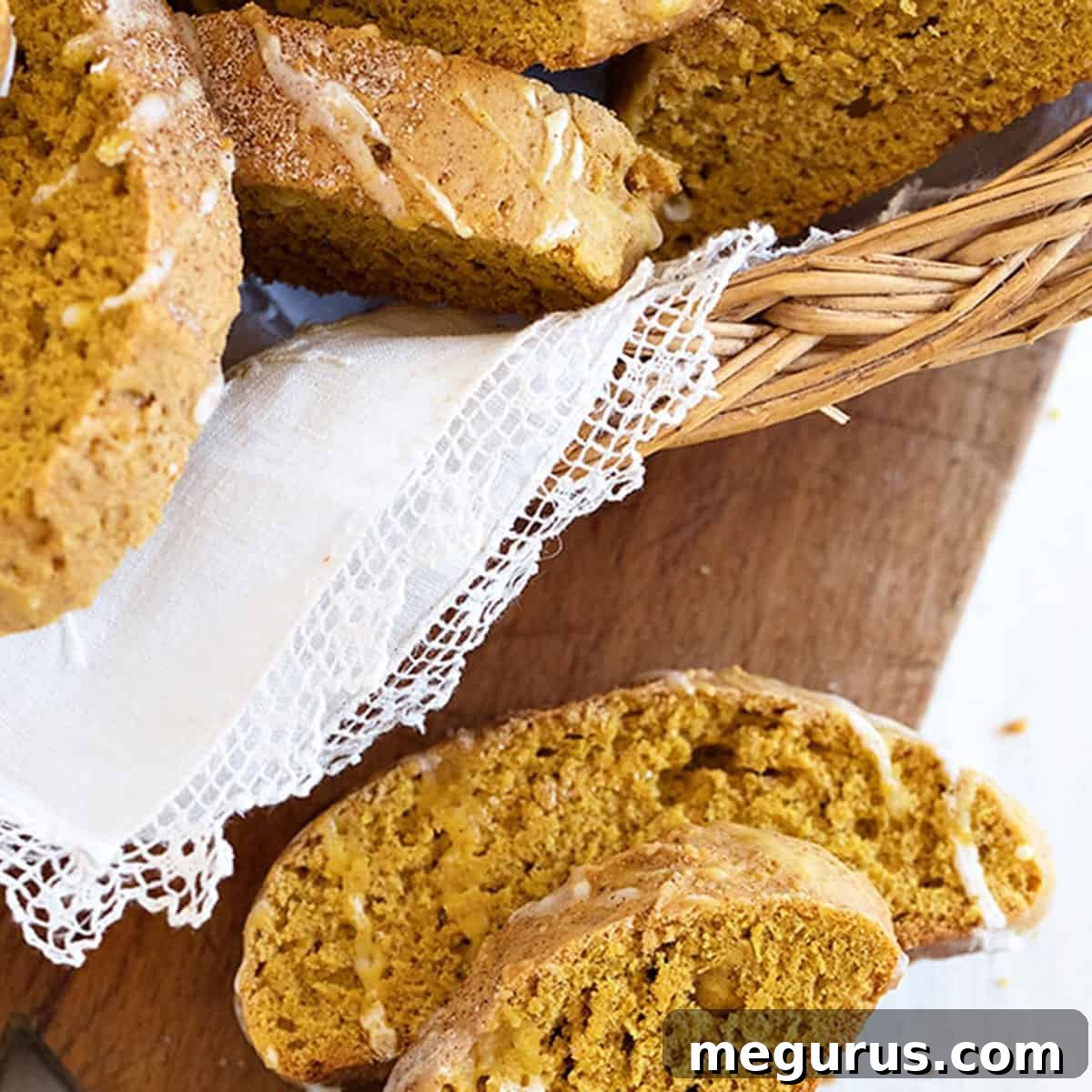 Crispy pumpkin spice biscotti neatly arranged in a wicker basket