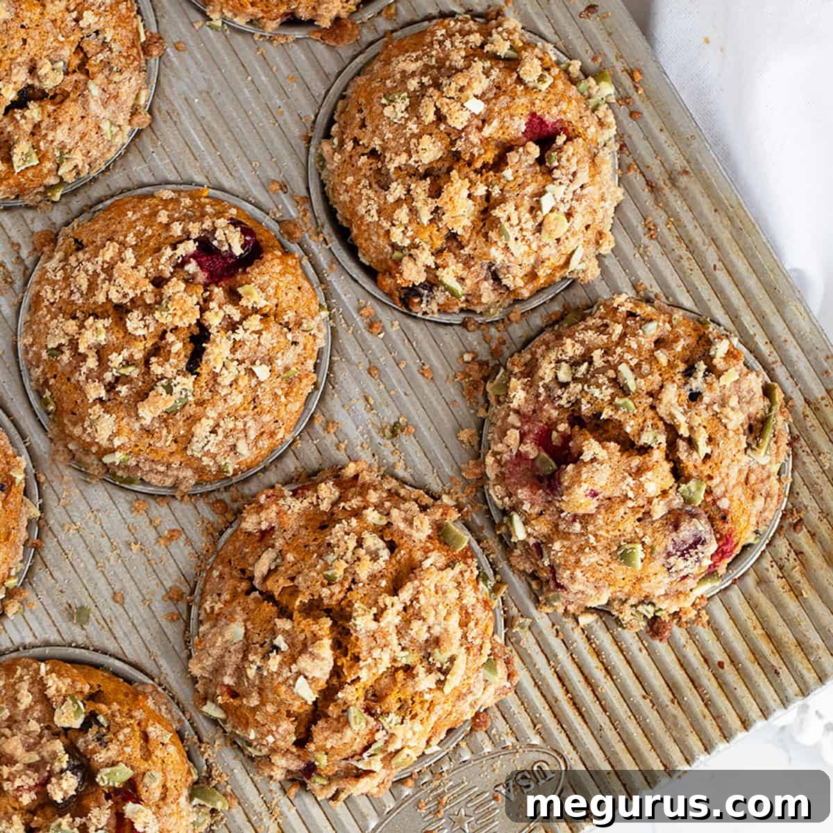 Golden brown cranberry pumpkin muffins in a muffin tin