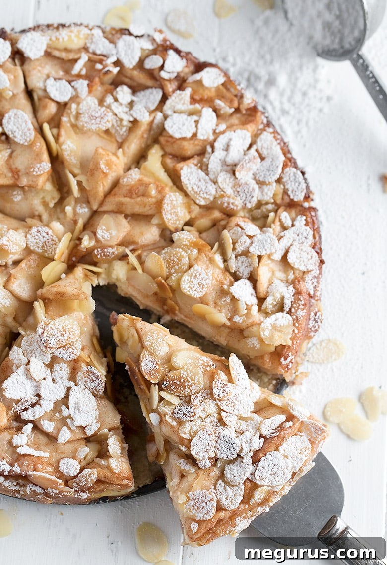 A closer view of Bavarian apple torte, highlighting the layers of apples, almonds, and cream cheese over a shortbread base