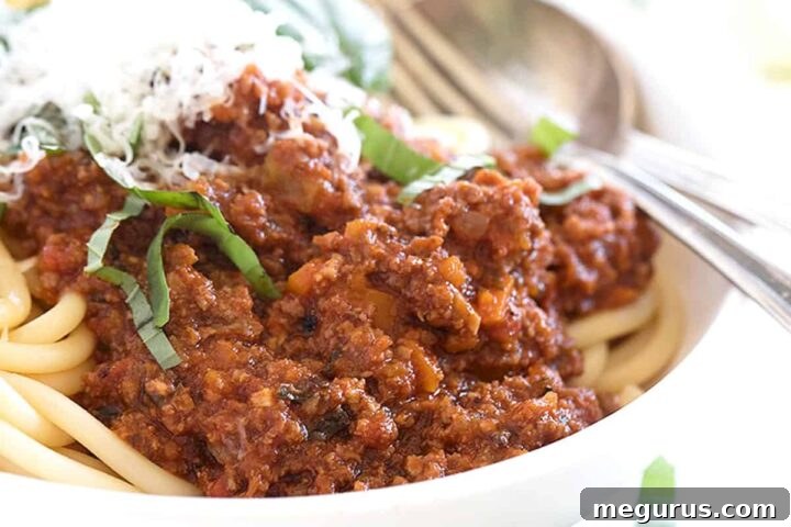 Italian meat sauce in bowl with pasta