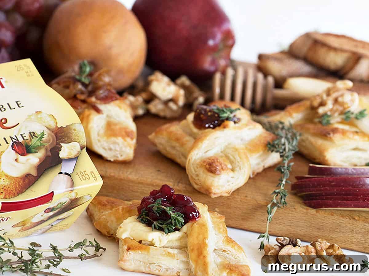 spreadable brie puff pastries with jam on cutting board