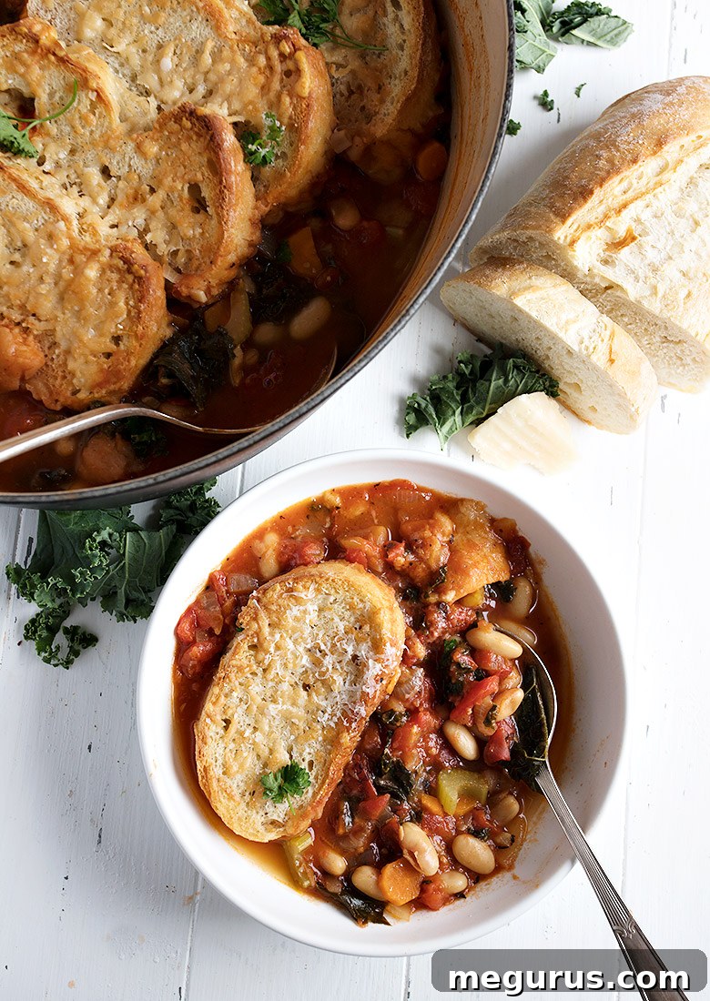 ribollita soup in bowl with bread slice on top