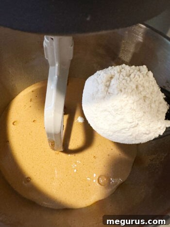Gradually incorporating the whisked dry flour mixture into the wet gingerbread batter, mixing until just combined.