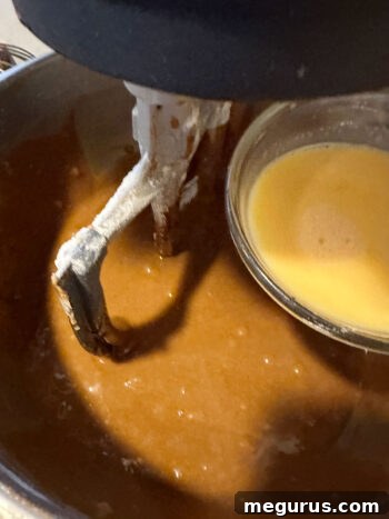 Gently folding in the well-beaten eggs into the gingerbread cake batter, ensuring smooth incorporation without overmixing.