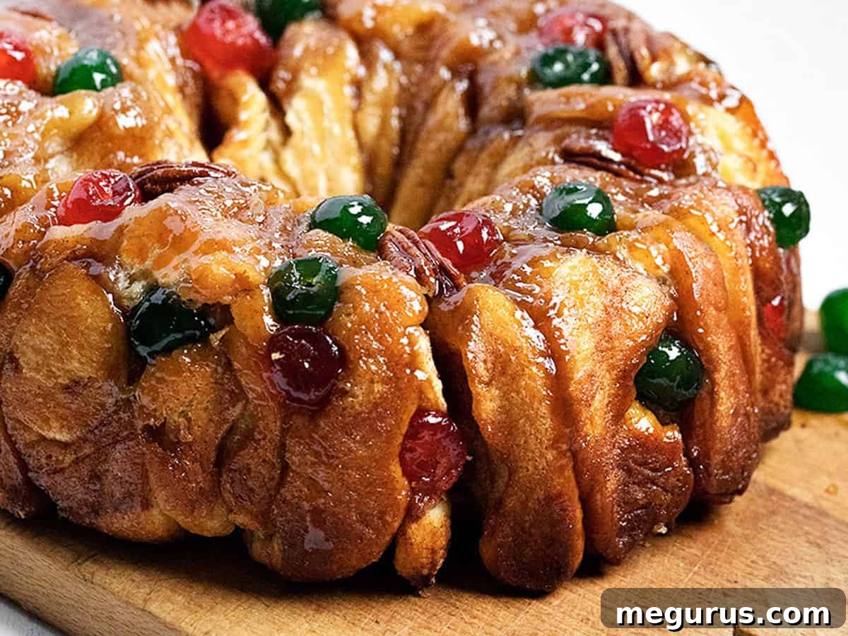 festive pull apart bread wreath with red and green cherries