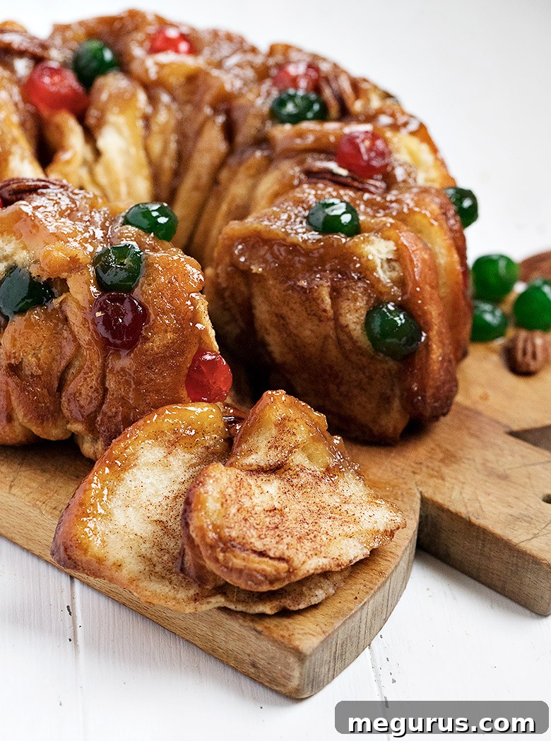 pullapart sticky bun wreath on a cutting board