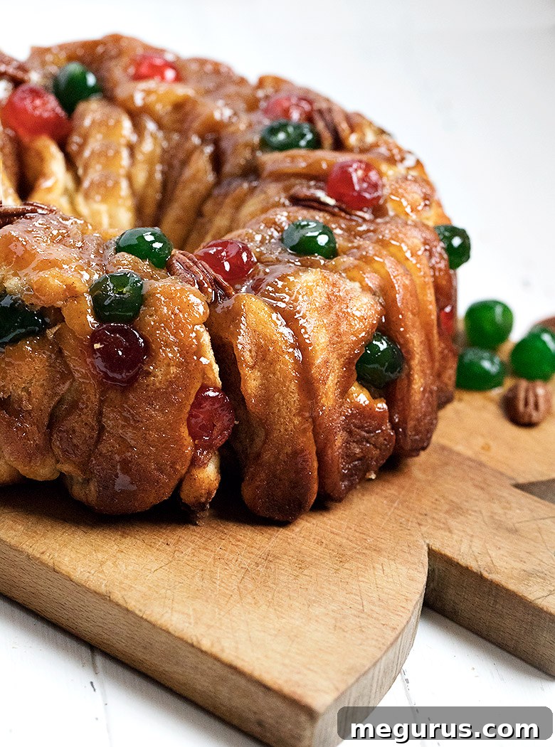 pullapart sticky bun wreath on a cutting board