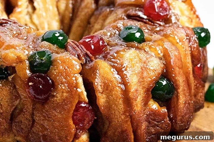 festive pull apart bread wreath with red and green cherries
