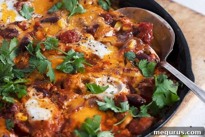 chilli style shakshuka in cast iron skillet