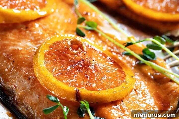 Close-up of Asian orange salmon with a vibrant glaze
