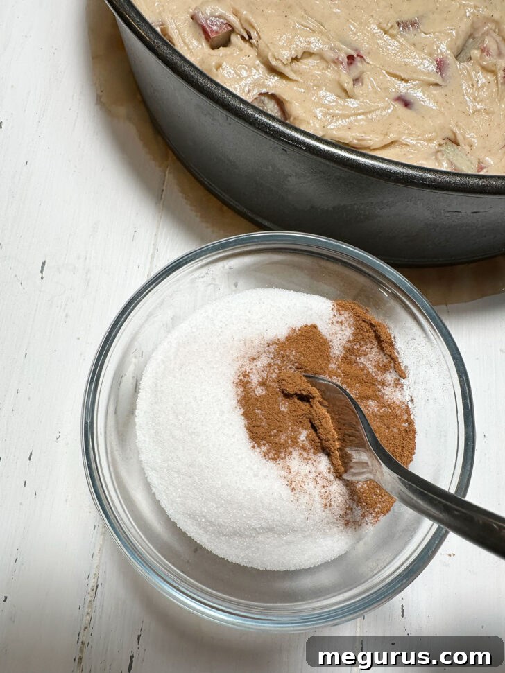 Mixing together white sugar and cinnamon for the cake topping.