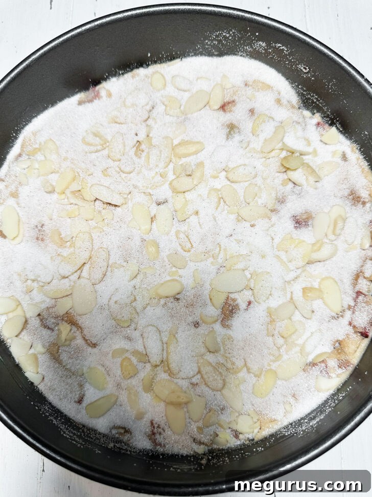 Rhubarb cake batter in a pan, topped with flaked almonds and cinnamon sugar, ready for baking.
