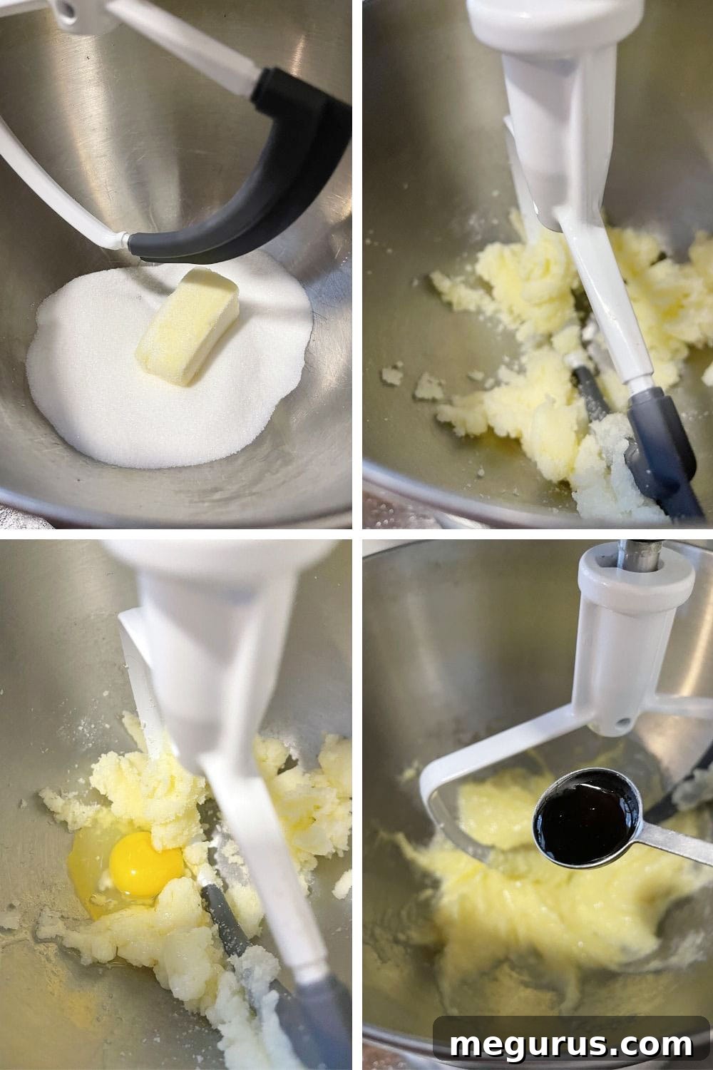A photo collage illustrating the initial stages of cake preparation, including creaming butter and sugar, followed by the addition of egg and vanilla, and the mixing of dry ingredients in a separate bowl.
