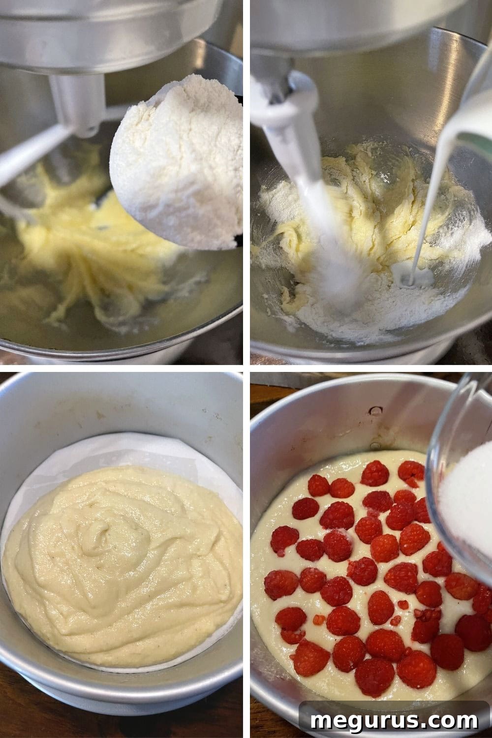 A photo collage detailing the mid-baking steps, showing the alternate addition of flour mixture and buttermilk to the creamed ingredients, and mixing until just combined.