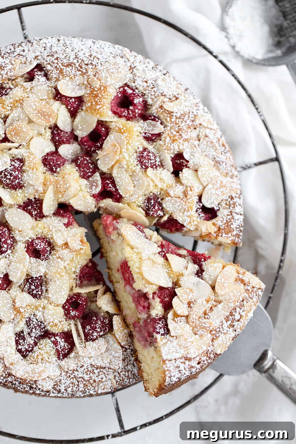 A close-up photograph of a generous slice of raspberry buttermilk cake on a cooling rack, highlighting its moist and tender texture, with juicy raspberries visible throughout.