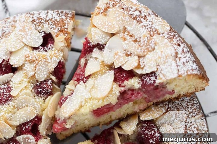 A perfectly baked and sliced Raspberry Buttermilk Cake, showcasing its golden crust and juicy raspberries, ready to be served.