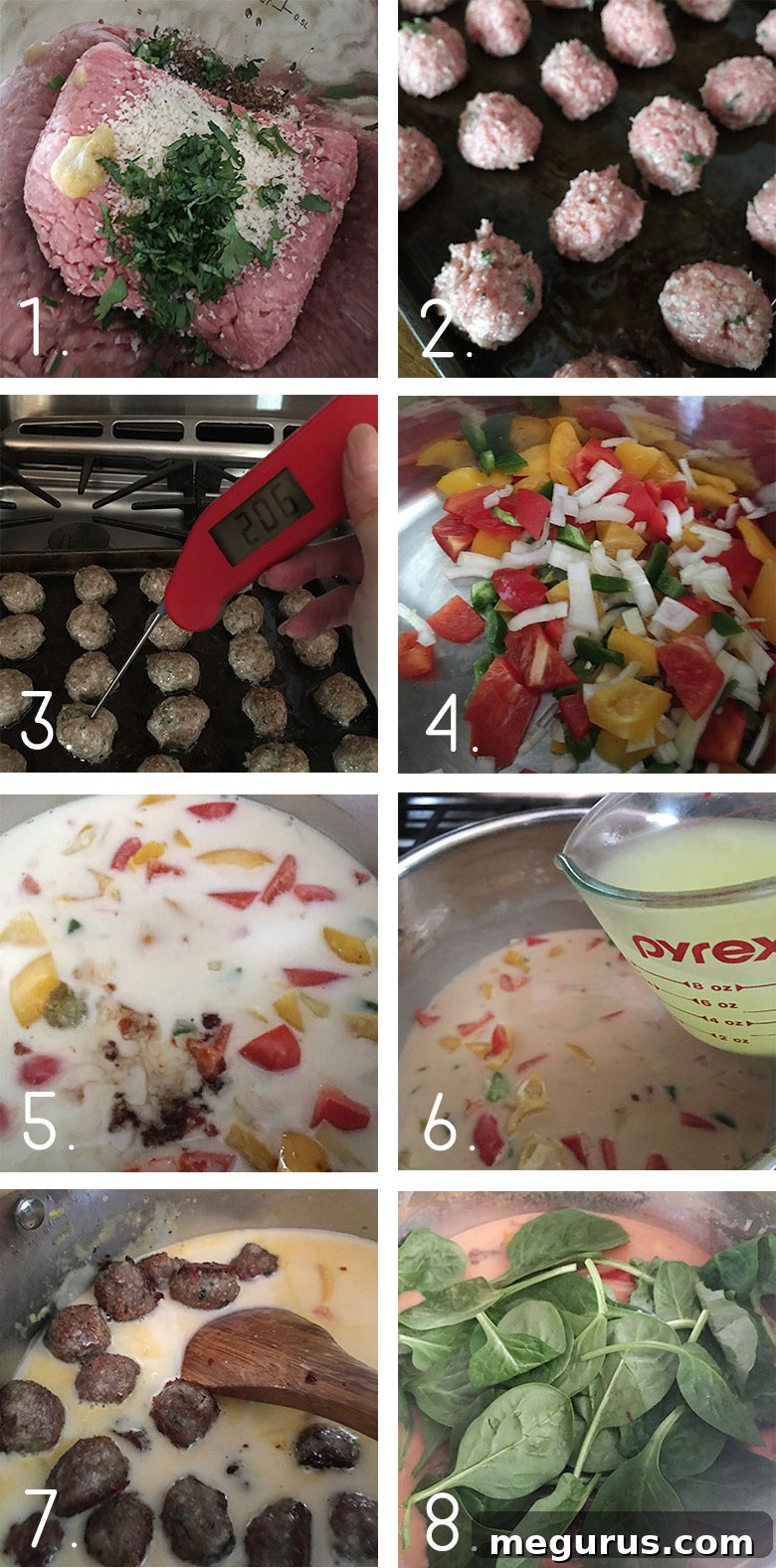 A photo collage showing the sequential steps of making Thai meatball soup: mixing meatball ingredients, forming meatballs, baking meatballs on a tray, sautéing vegetables in a pot, adding broth and curry paste, combining all ingredients, and finally, the finished soup.