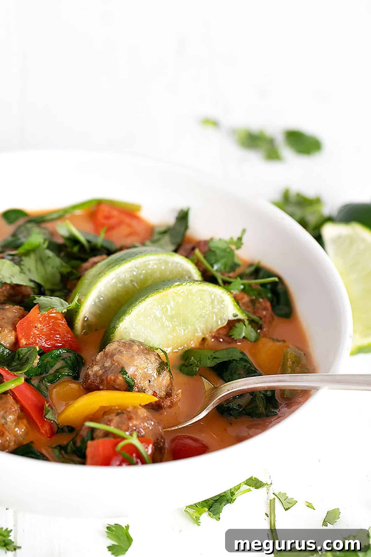 A close-up shot of a white ceramic bowl filled with vibrant Thai chicken meatball soup, showcasing the meatballs, vegetables, and creamy broth.