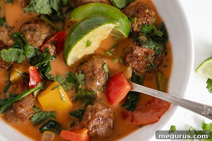 A bowl of Thai Chicken Meatball Soup with fresh herbs and a lime wedge on the side, presented beautifully.