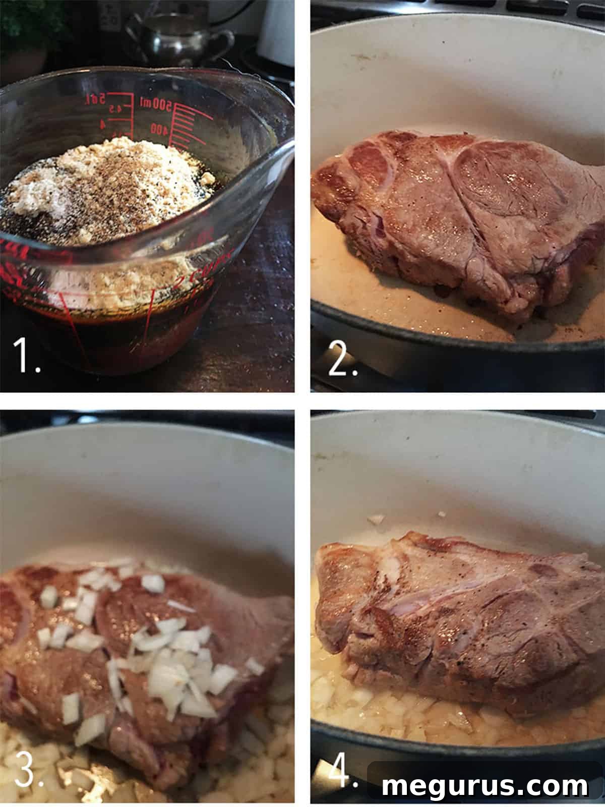 Photo collage of the steps to make pork and beans.