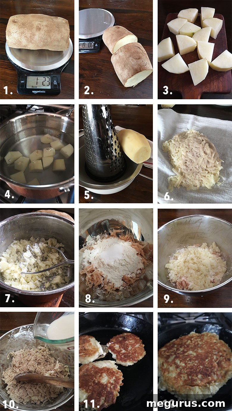 Step-by-step photographic guide showing how to prepare and cook traditional Irish Boxty potato cakes, from raw potatoes to fried rounds.