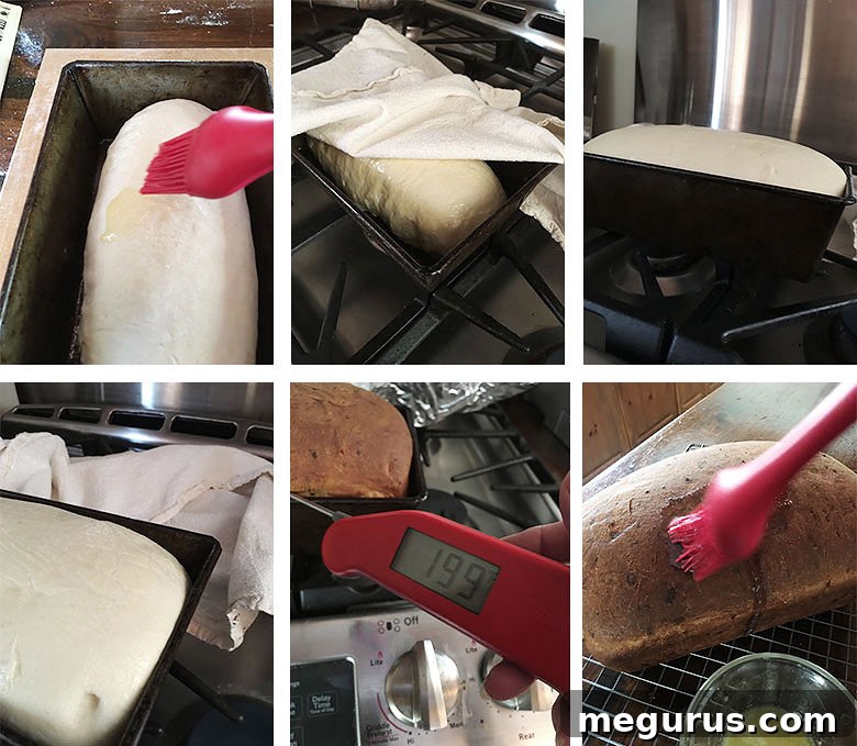Collage showing the rising and baking the dough.