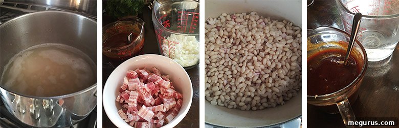Layering bacon, onion, and pre-cooked beans in a casserole dish before baking, showing the foundation of flavor for homemade baked beans.