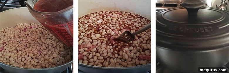 Pouring the molasses-based sauce over layered beans, bacon, and onion in a Dutch oven, ready for slow baking.