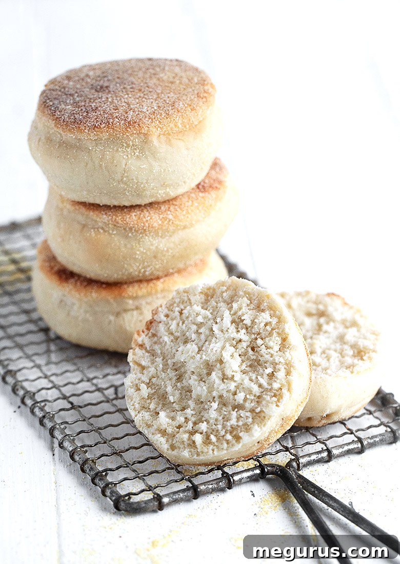 english muffins stacked with one split