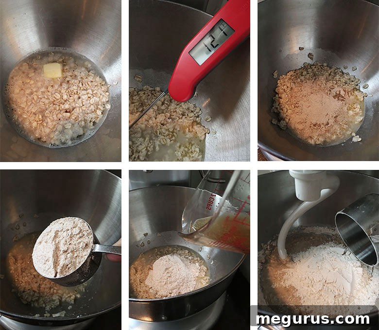 Step-by-step photos illustrating the early stages of making honey oatmeal bread, including soaking oats and adding ingredients to the mixer.