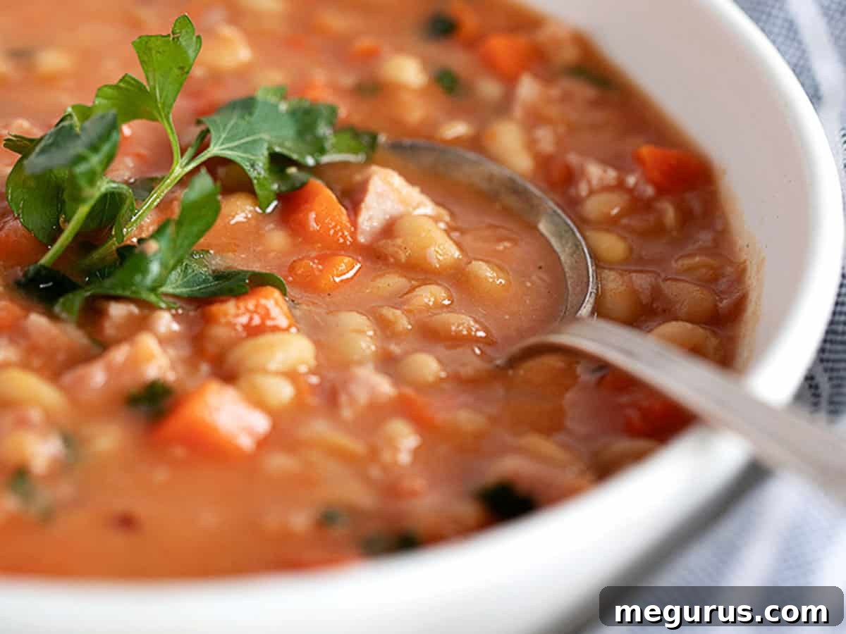 Classic Ham and Navy Bean Soup served in a white bowl with a spoon