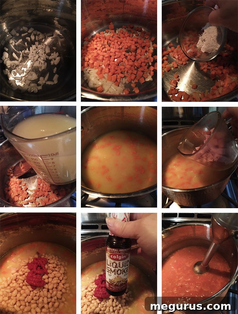 Sequential steps for preparing a homemade ham and bean soup