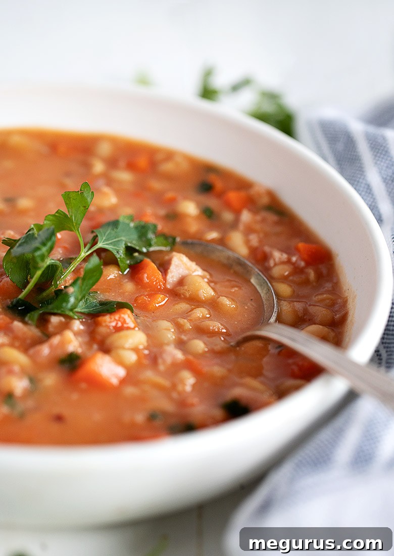 Hearty ham and navy bean soup ready to be enjoyed, served in a white bowl with a spoon