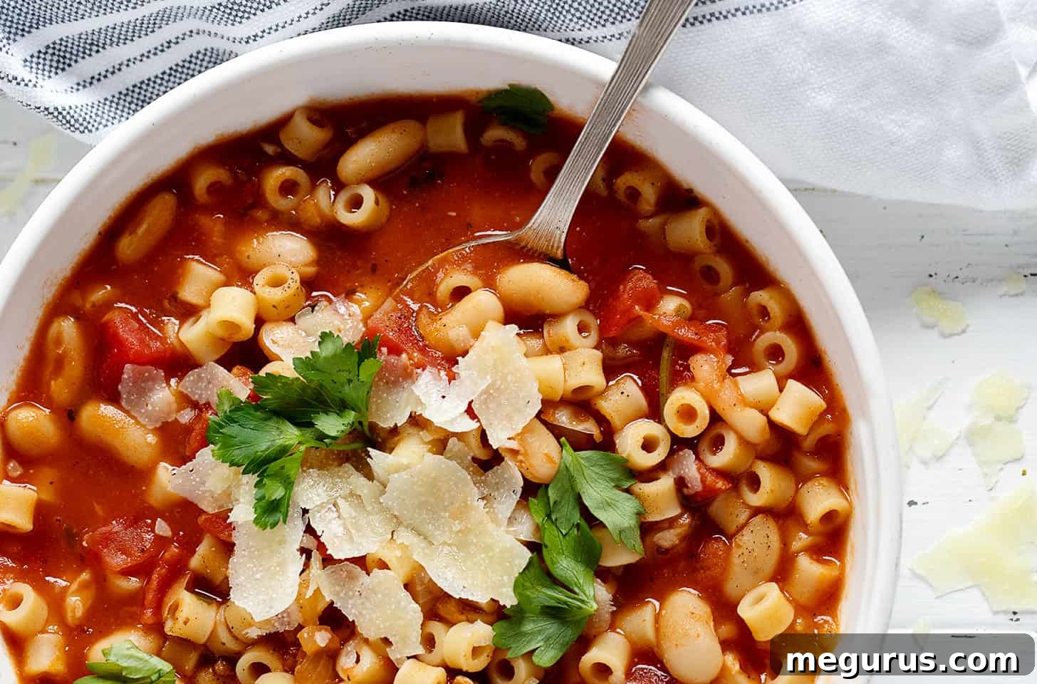 authentic pasta fagioli in bowl with spoon