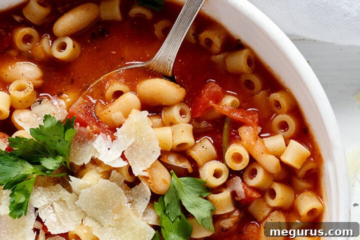 authentic pasta fagioli in bowl with spoon