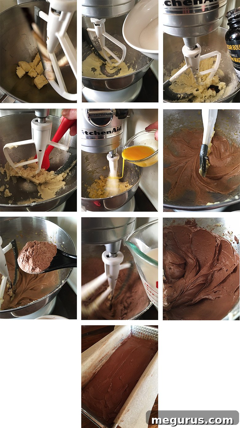 Step-by-step photos illustrating the process of making a chocolate pound cake loaf