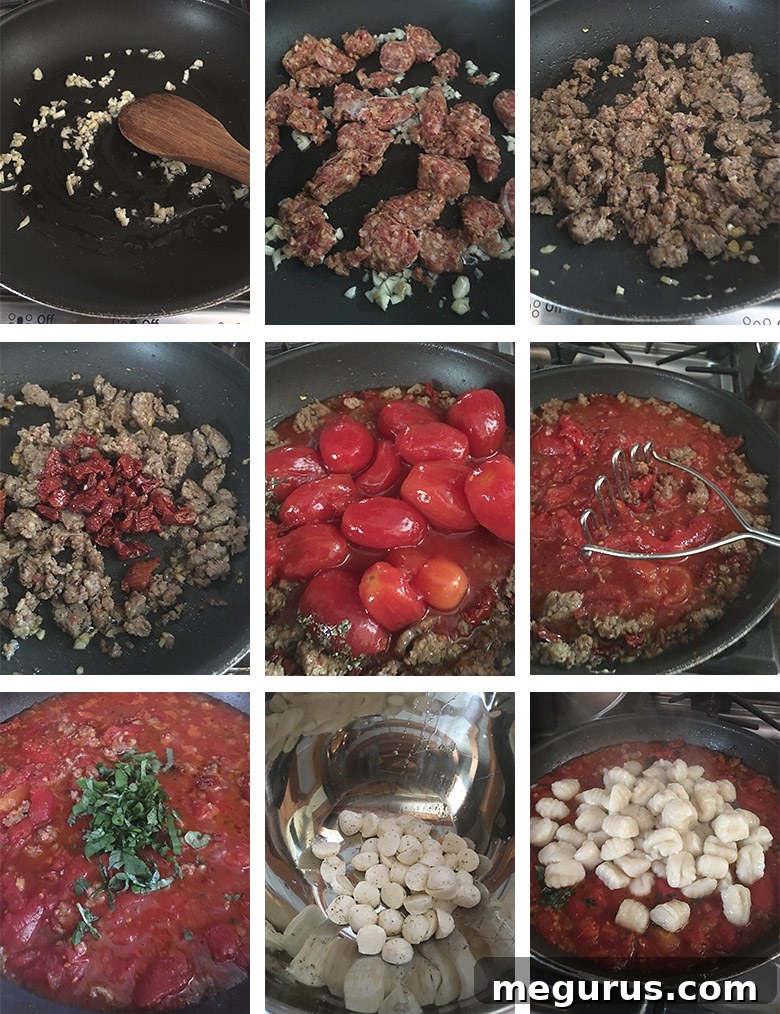 photo collage of steps to make sausage gnocchi bake