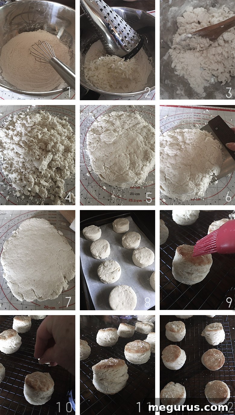 A visual guide showing a photo collage of the steps to make classic buttermilk biscuits, from mixing ingredients to folding dough and cutting shapes.