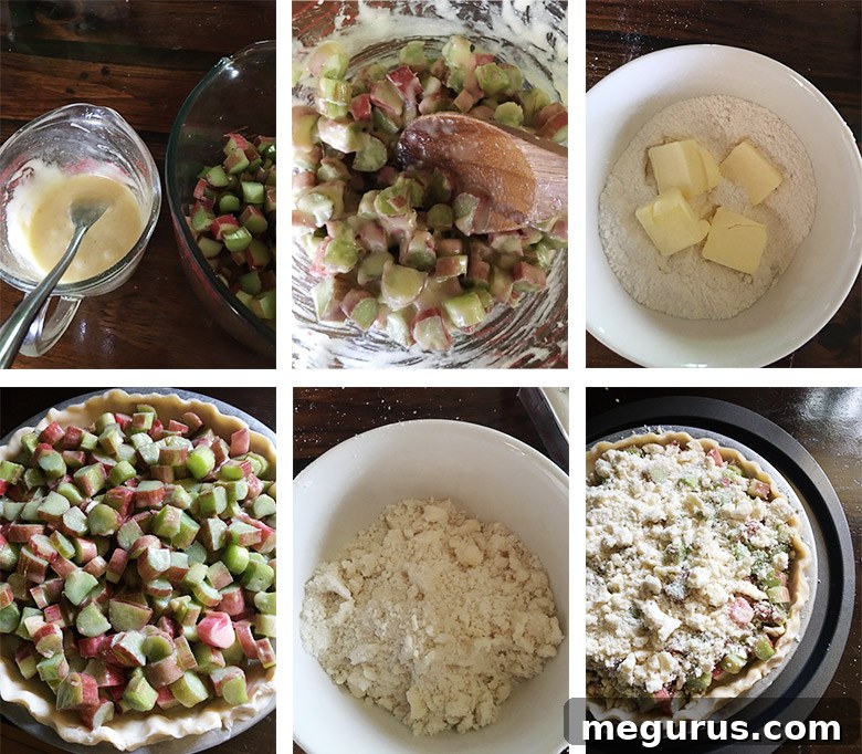 Photo collage showing the step-by-step process of making rhubarb crumble pie, from preparing ingredients to assembling the pie.