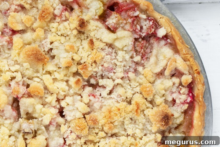 Rhubarb crumb pie in the pie plate, showing a rich, golden topping.