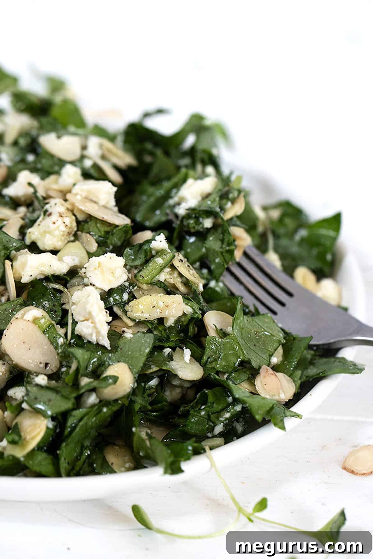 Close-up of Feta Almond Salad on a white plate, highlighting texture and freshness.