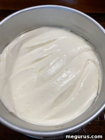 Lemon filling neatly poured into an 8-inch springform pan, awaiting freezing.