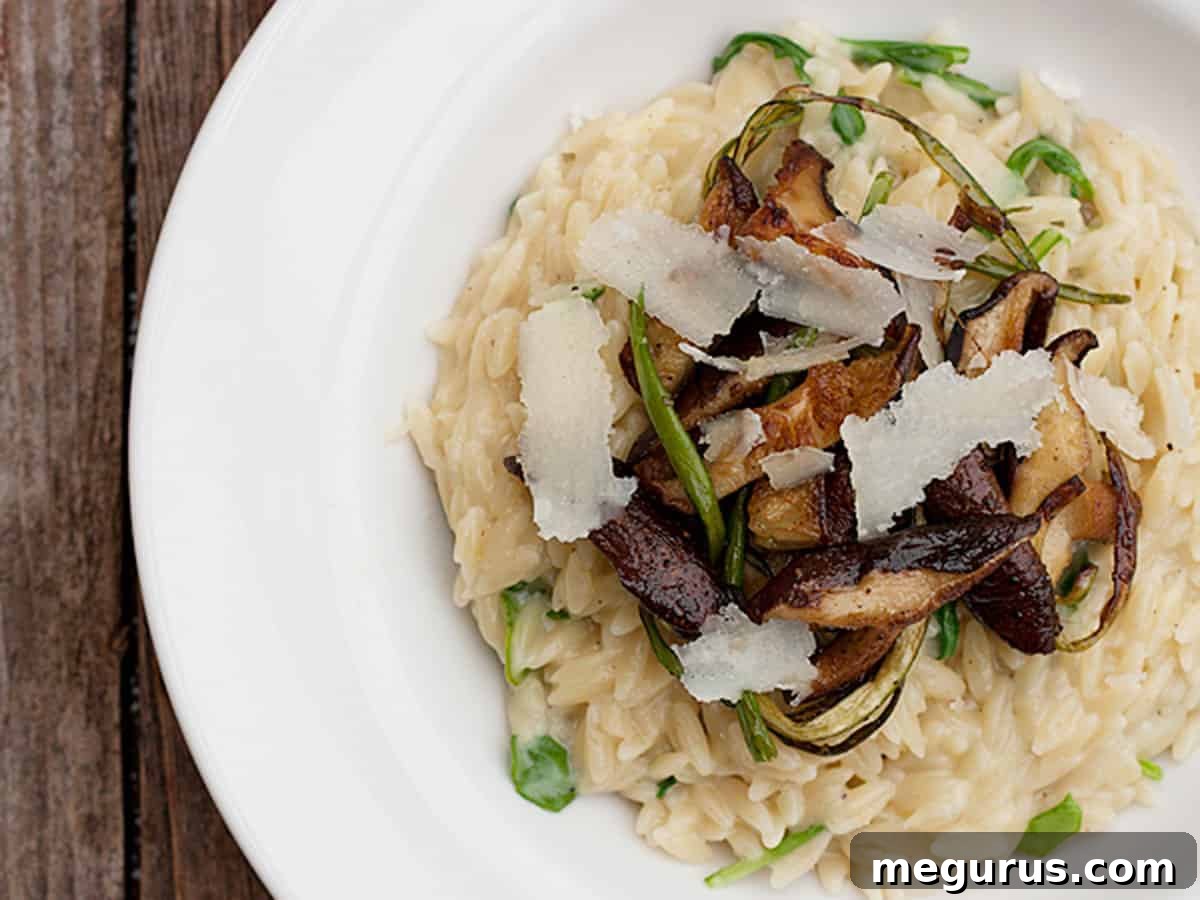 Creamy Orzo Risotto with Sautéed Shiitake Mushrooms and Garlic Scapes