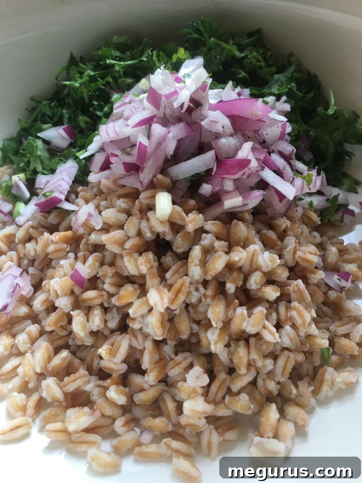 Cooked farro, finely chopped red onion, and fresh parsley in a large mixing bowl.