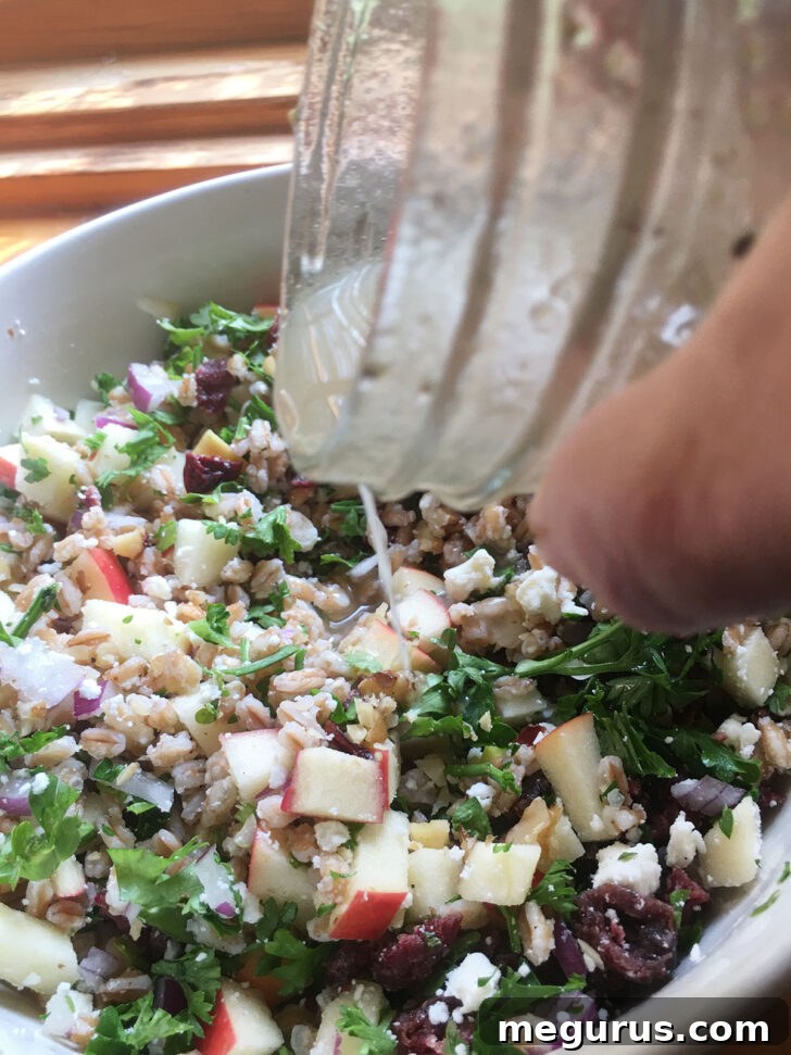 Red wine vinaigrette being drizzled over the Fall Farro Salad, ready for tossing.
