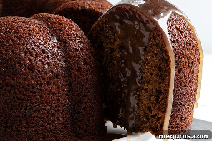 Close-up of a Sticky Toffee Bundt Cake, showcasing its moist texture and rich color