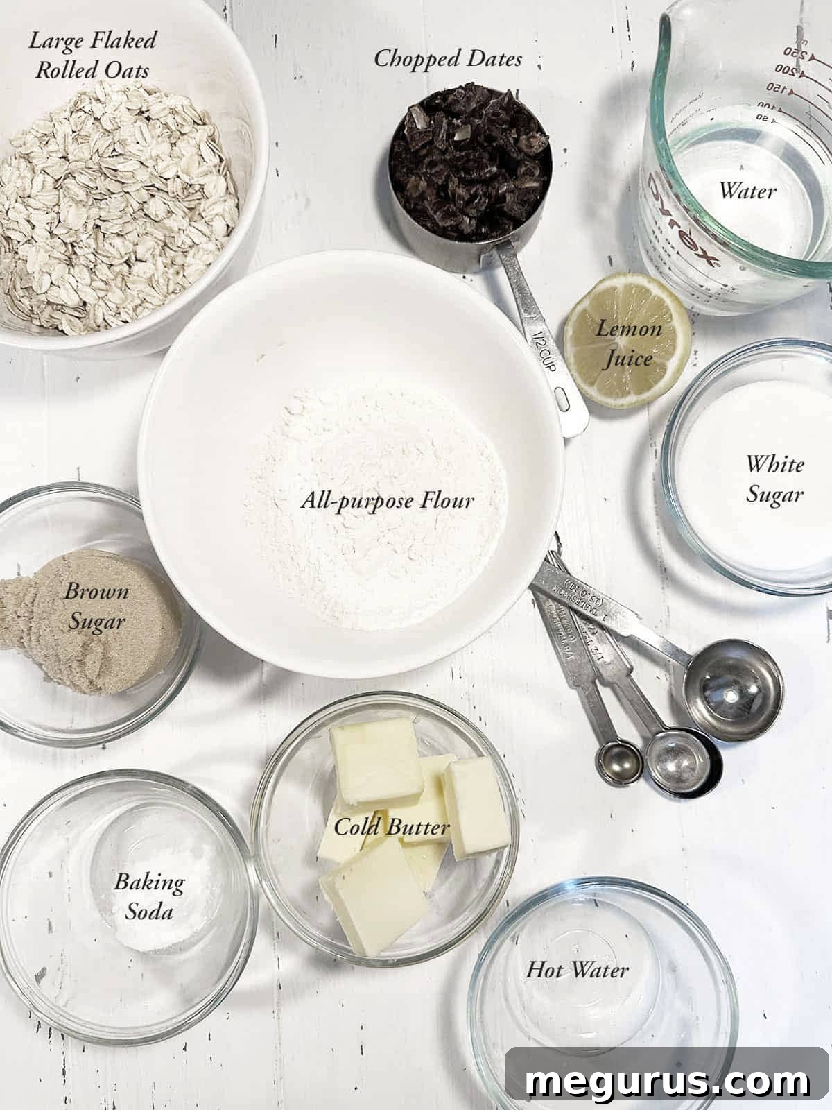 Key ingredients for making classic date squares laid out on a kitchen counter.